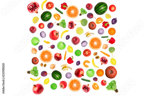 Pattern of vegetables and fruits. Food background Top view Composition of plums, peppers, cucumbers, radish, tomatoes, apples, banana, lemon and orange, watermelon, pomegranate isolated on white frame