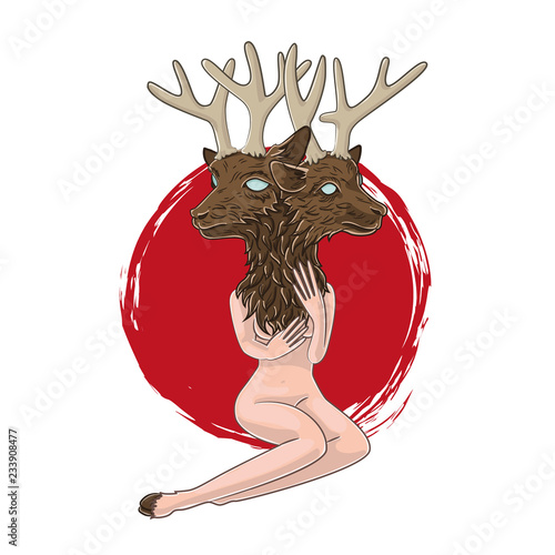 
nude woman with a deer head. Siamese twins. mystical creatures, witchcraft, vezma. tattoo sketch. vector