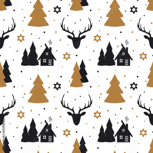 Christmas seamless pattern with deer in Scandinavian style. Vector design for wrapping paper, fabric wallpaper, etc.