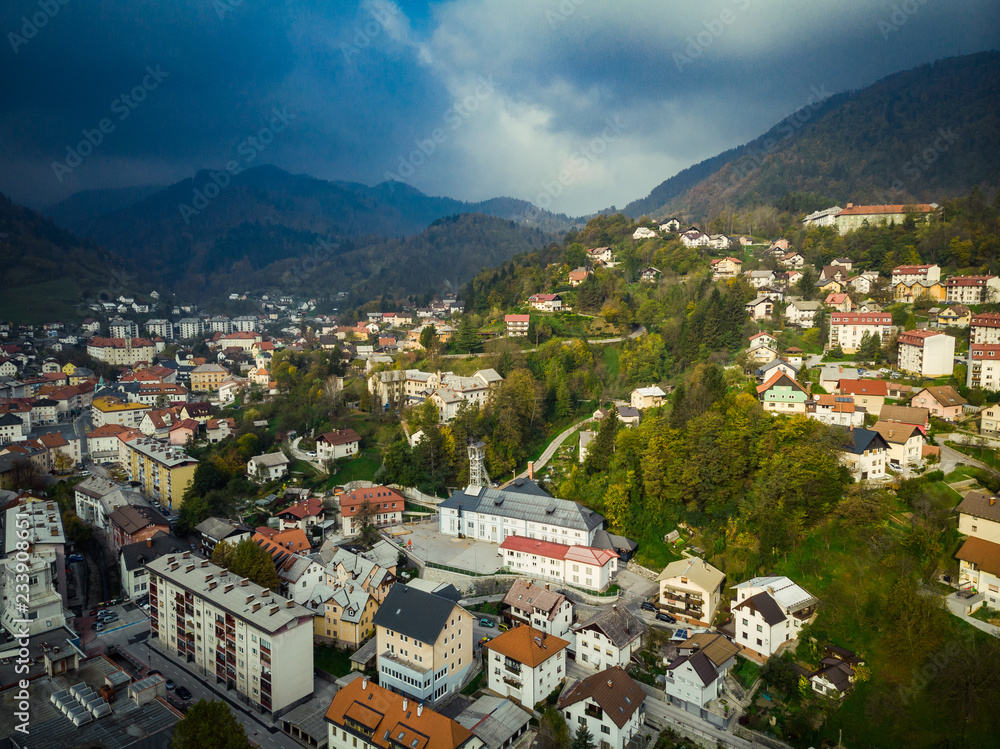 Aerial view of Idrija, small town in western Slovenia