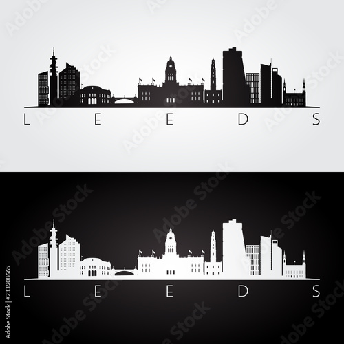 Leeds skyline and landmarks silhouette, black and white design, vector illustration. photo