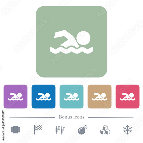 Swimming man flat icons on color rounded square backgrounds