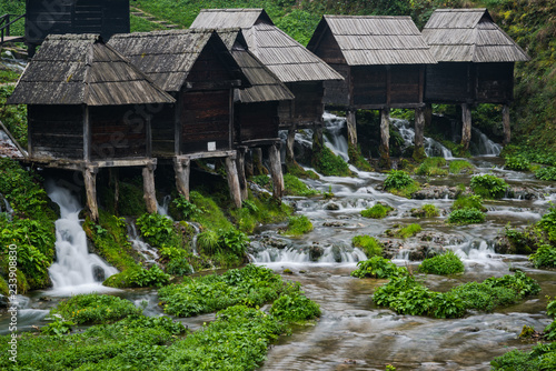Old wooden waterills of Jajce on river, Bosnia and Herzegovina