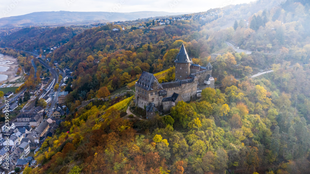 Aerial view, Stahleck Castle, Bacharach, Upper Middle Rhine Valley, Rhineland-Palatinate, Germany