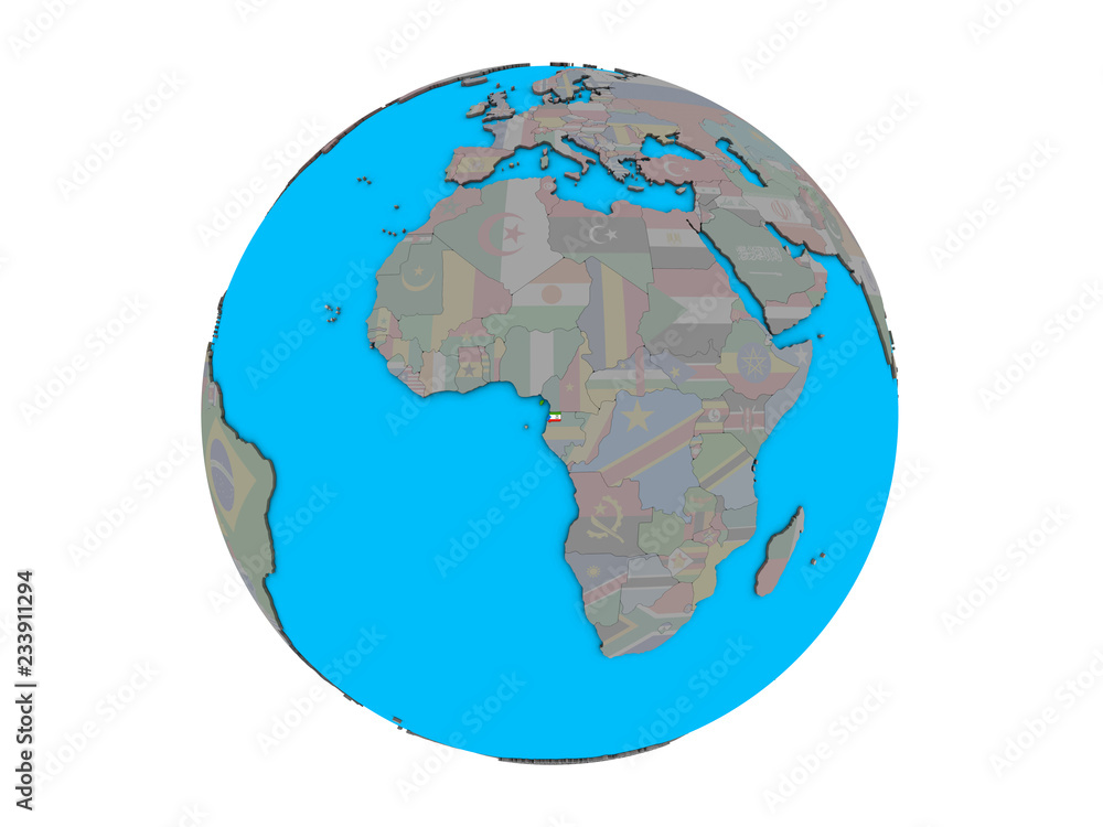 Equatorial Guinea with embedded national flag on blue political 3D globe. 3D illustration isolated on white background. Equatorial Guinea with embedded national flag on blue political 3D globe. 3D illustration isolated on white background.