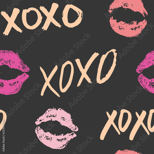 XOXO brush lettering signs seamless pattern, Grunge calligraphic hugs and kisses Phrase, Internet slang abbreviation XOXO symbols, vector illustration isolated on white background