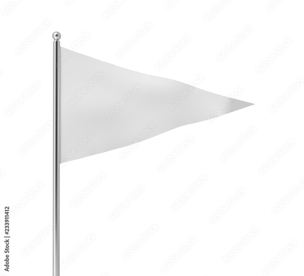 Obraz premium 3d rendering of a single white triangular flag hanging on a post on a white background.