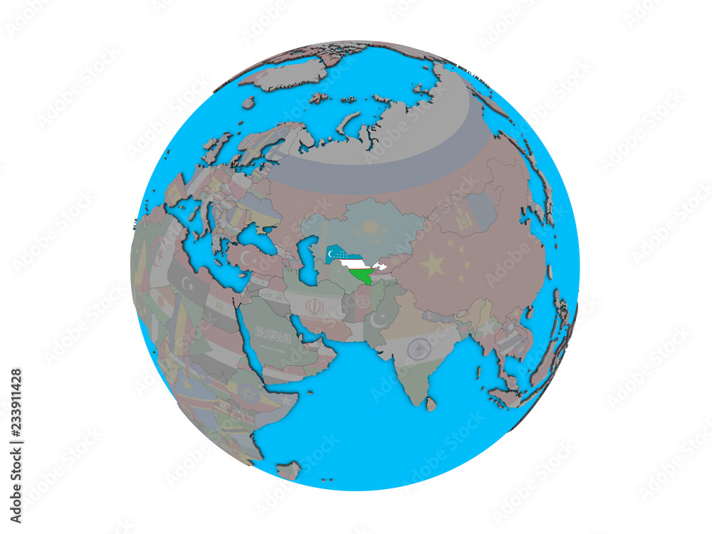 Obraz premium Uzbekistan with embedded national flag on blue political 3D globe. 3D illustration isolated on white background.