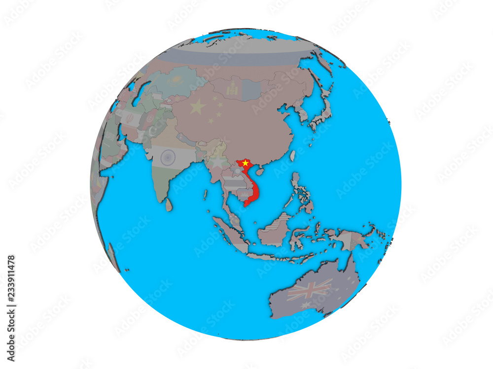 Vietnam with embedded national flag on blue political 3D globe. 3D illustration isolated on white background. Vietnam with embedded national flag on blue political 3D globe. 3D illustration isolated on white background.