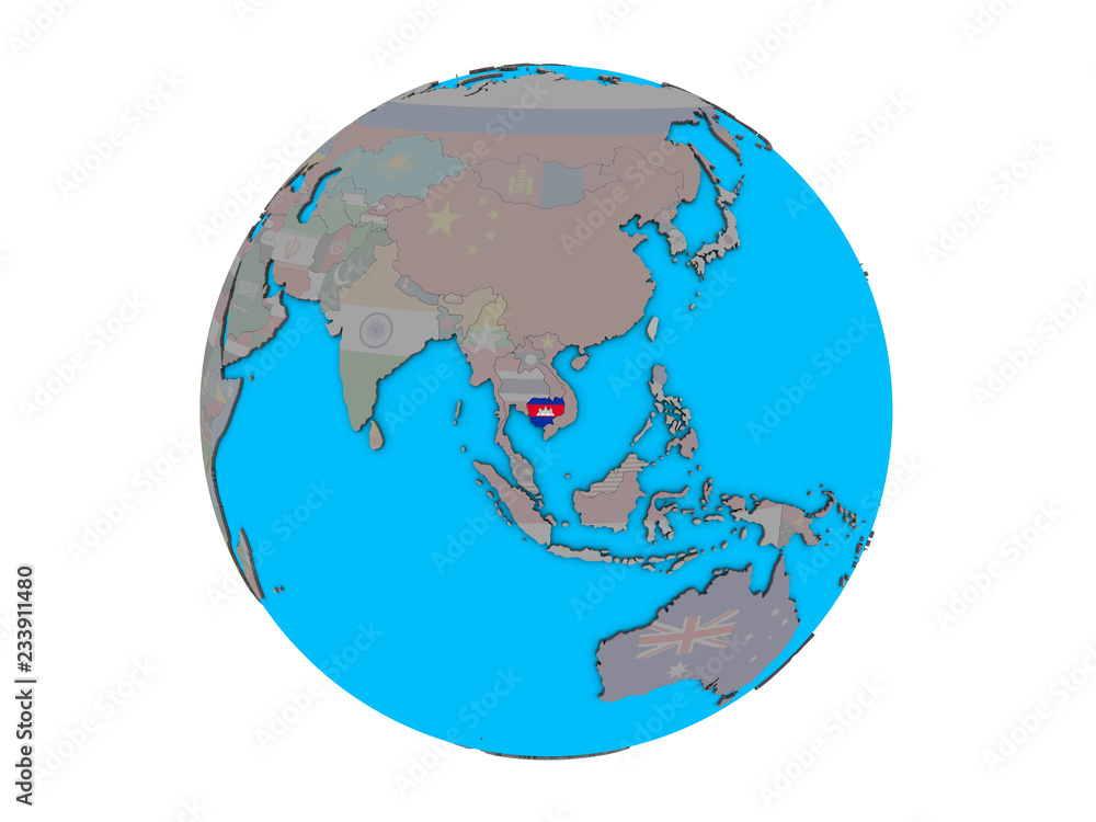 Obraz premium Cambodia with embedded national flag on blue political 3D globe. 3D illustration isolated on white background.
