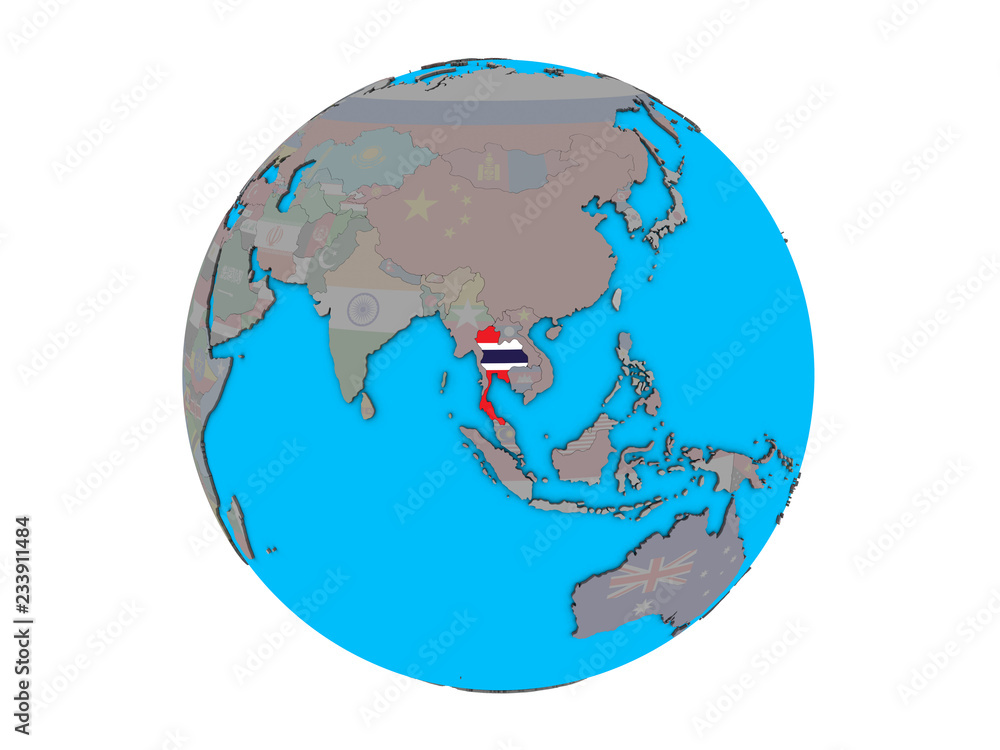 Thailand with embedded national flag on blue political 3D globe. 3D illustration isolated on white background. Thailand with embedded national flag on blue political 3D globe. 3D illustration isolated on white background.