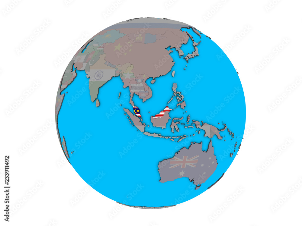 Obraz premium Malaysia with embedded national flag on blue political 3D globe. 3D illustration isolated on white background.