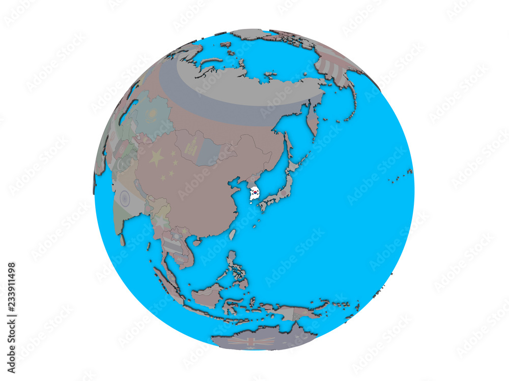 Obraz premium South Korea with embedded national flag on blue political 3D globe. 3D illustration isolated on white background.