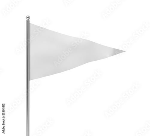 3d rendering of a single white triangular flag hanging on a post on a white background.