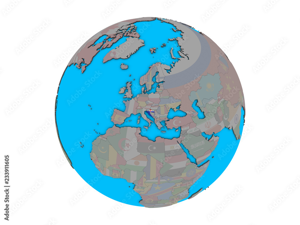 Croatia with embedded national flag on blue political 3D globe. 3D illustration isolated on white background. Croatia with embedded national flag on blue political 3D globe. 3D illustration isolated on white background.