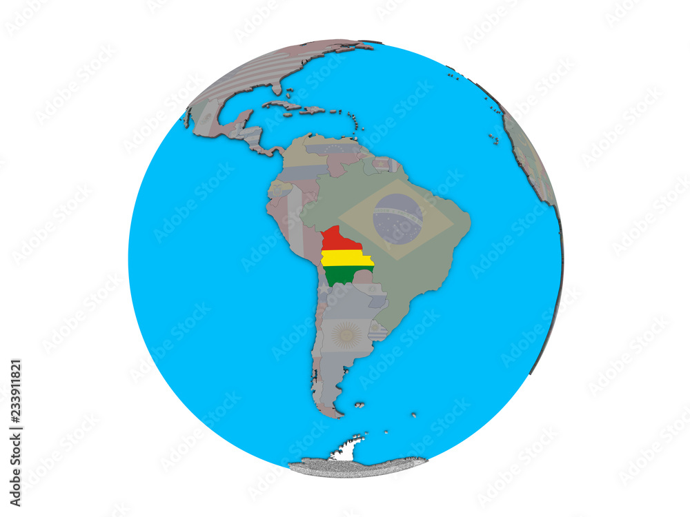Bolivia with embedded national flag on blue political 3D globe. 3D illustration isolated on white background. Bolivia with embedded national flag on blue political 3D globe. 3D illustration isolated on white background.