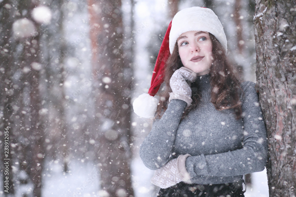 Girl in a winter park in snowfall Girl in a winter park in snowfall