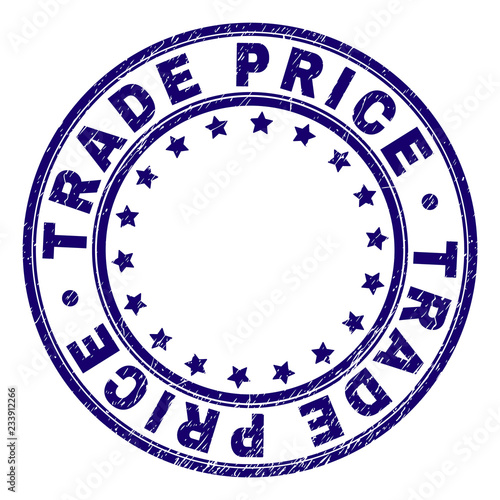 TRADE PRICE stamp seal imprint with grunge texture. Designed with circles and stars. Blue vector rubber print of TRADE PRICE caption with unclean texture.
