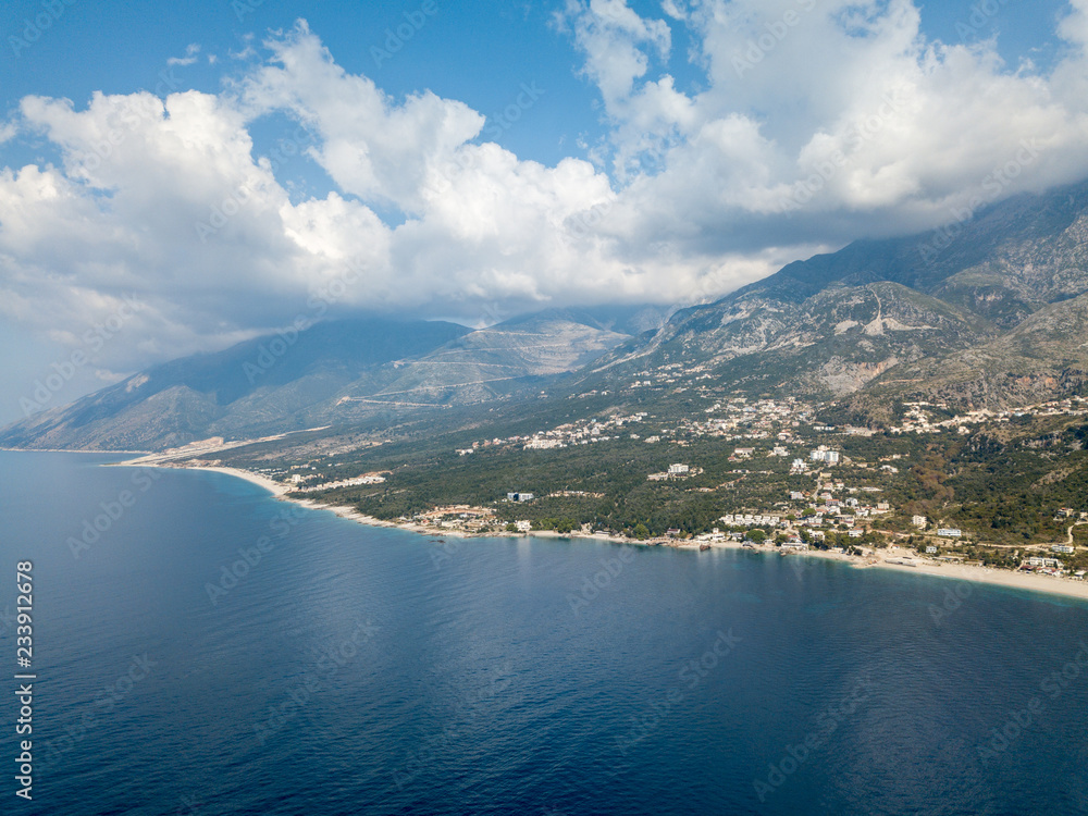 Aerial view of surrounding beach of Dhermi, Albania (Albanian Riviera)