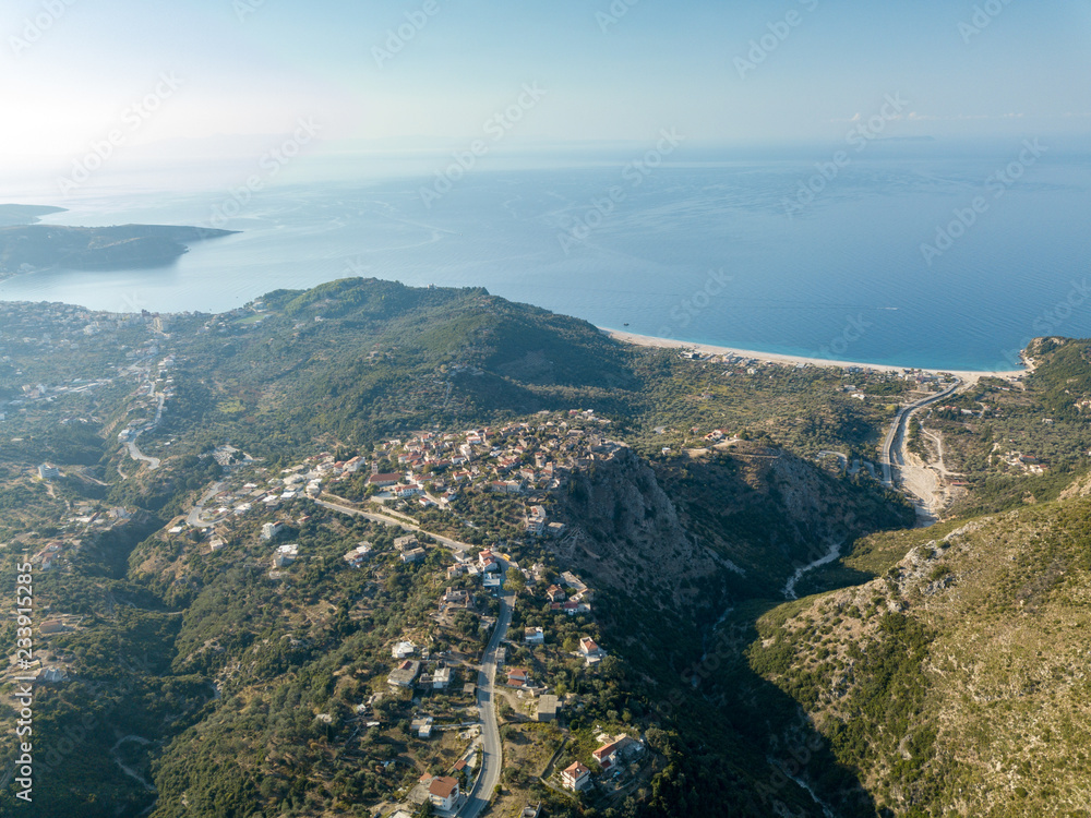 Aerial view of Himara castle and Himara Beach in autumn (Albanian Riviera) Aerial view of Himara castle and Himara Beach in autumn (Albanian Riviera)