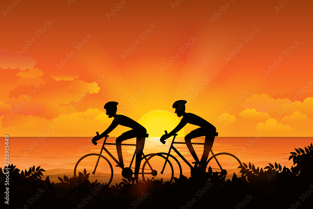 Obraz premium Cyclist riding on the road with scenery of sunset on the horizon over the sea landscape. Vector illustration of cycling sport concept