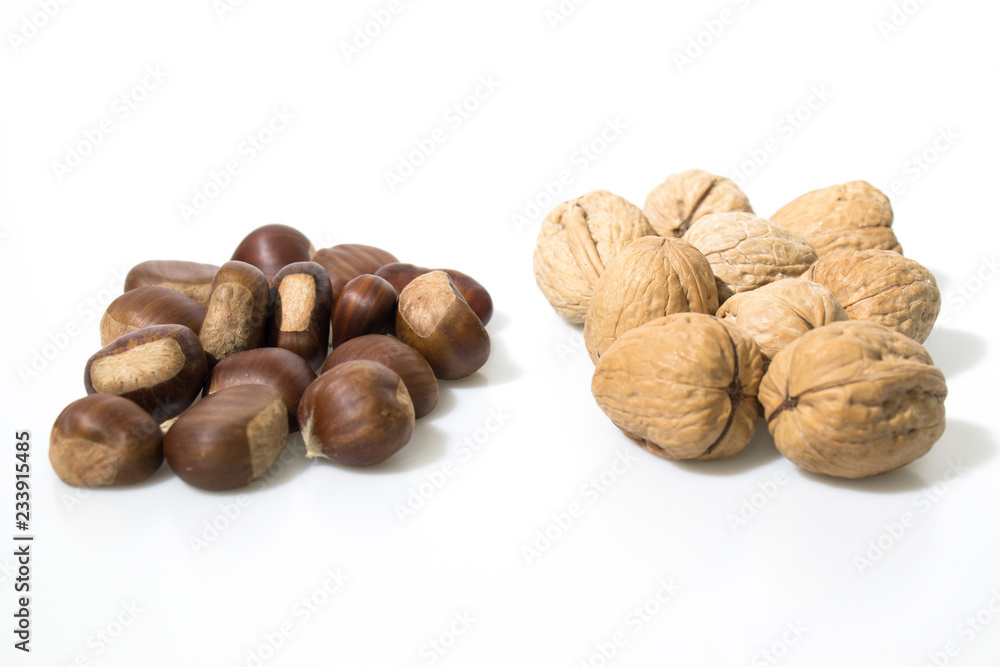 Chestnuts and nuts isolated in a white background Chestnuts and nuts isolated in a white background