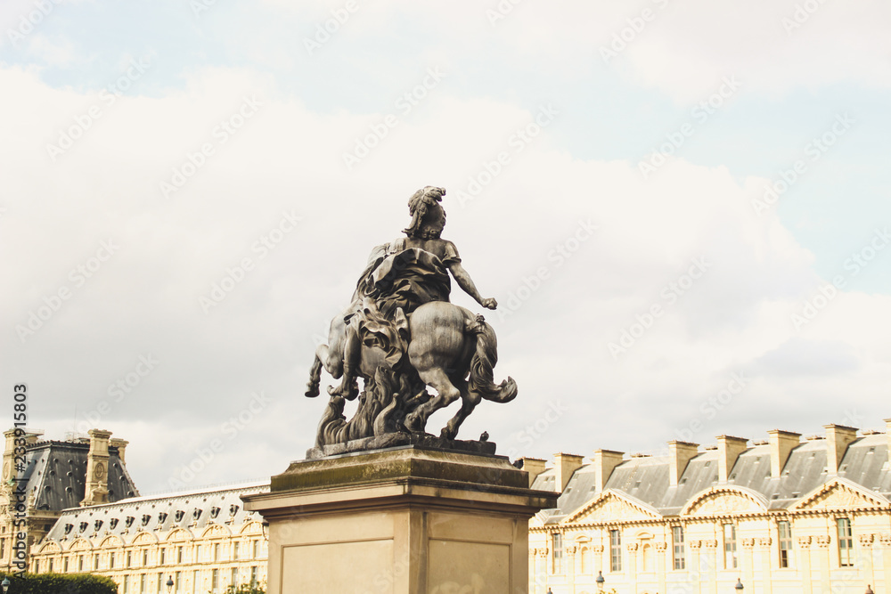 Obraz premium Ancient Parisian Architecture. Houses and churches. Sculptures The beauty of the city. City of love. Trips to places of interest. Louvre