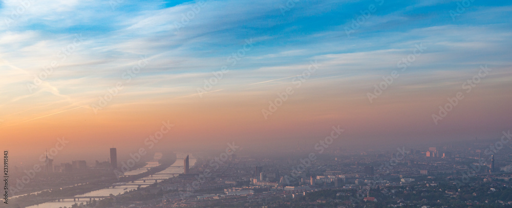 view to city of Vienna with river Danube in sunrise