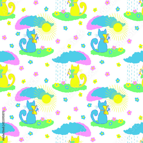 Cat draws the sky and the sun. Vector seamless pattern