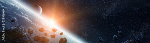 Картината върху платно Panoramic view of planet Earth with asteroids flying close 3D rendering elements