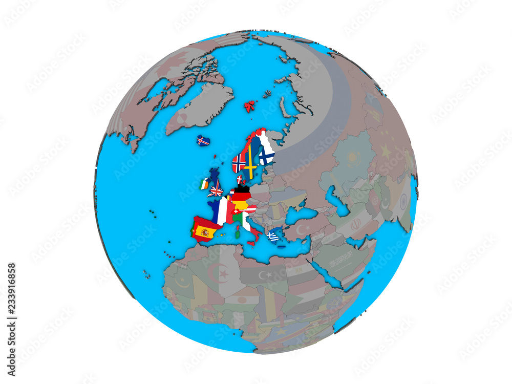 Naklejka premium Western Europe with embedded national flags on blue political 3D globe. 3D illustration isolated on white background.