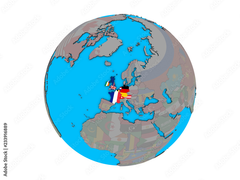 Naklejka premium Western Europe with embedded national flags on blue political 3D globe. 3D illustration isolated on white background.