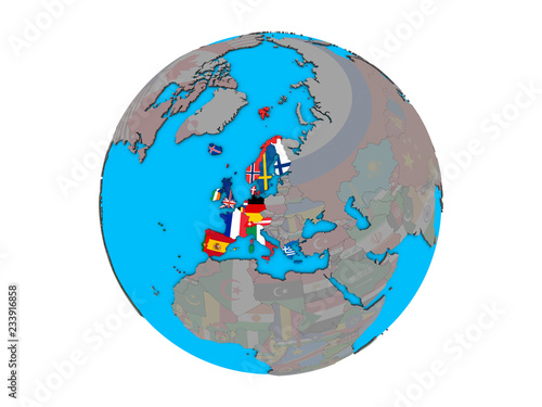 Western Europe with embedded national flags on blue political 3D globe. 3D illustration isolated on white background.