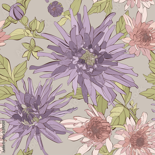 Vector seamless pattern with flowers and leaves. Autumn floral texture.  Hand drawn botanical vector illustration with dahlia, aster flowers and wildflowers.  
