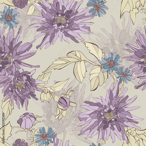 Vintage vector seamless pattern with dahlia  flowers and leaves. Hand drawn botanical vector illustration.