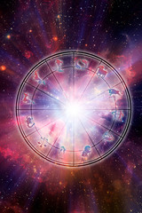 Astrology horoscope with zodiac signs over Universe background 