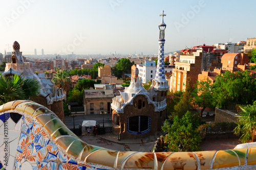 cityscape of Barcelona city from park Guell at summer day, Spain