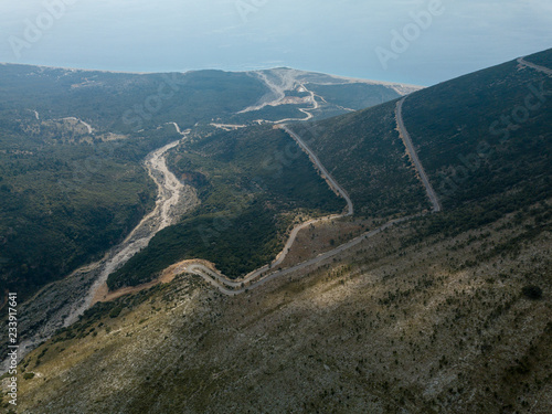 Aerial view of windy road in the Llogara National Park, Albania (Vlora, Albanian Riviera)
