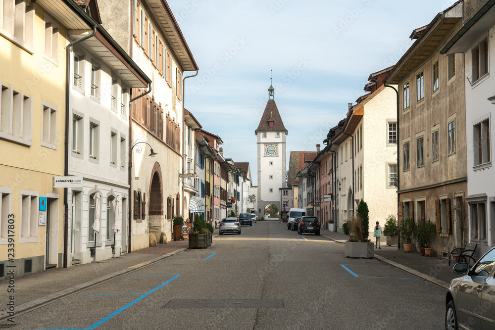 Neunkirch, SH / Switzerland - November 10, 2018: historic village of Neunkirch almost completely empty on an early weekend morning with landmarks and historic town center deserted