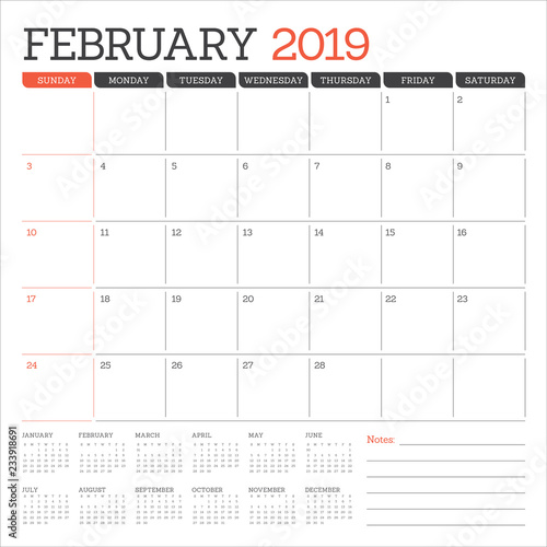 February 2019 desk calendar vector illustration