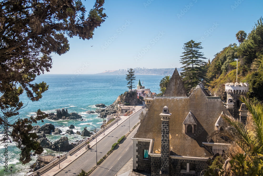 Vina del Mar skyline with Ross and Wulf Castle (Castillo Ross and Castillo Wulff) - Vina del Mar, Chile