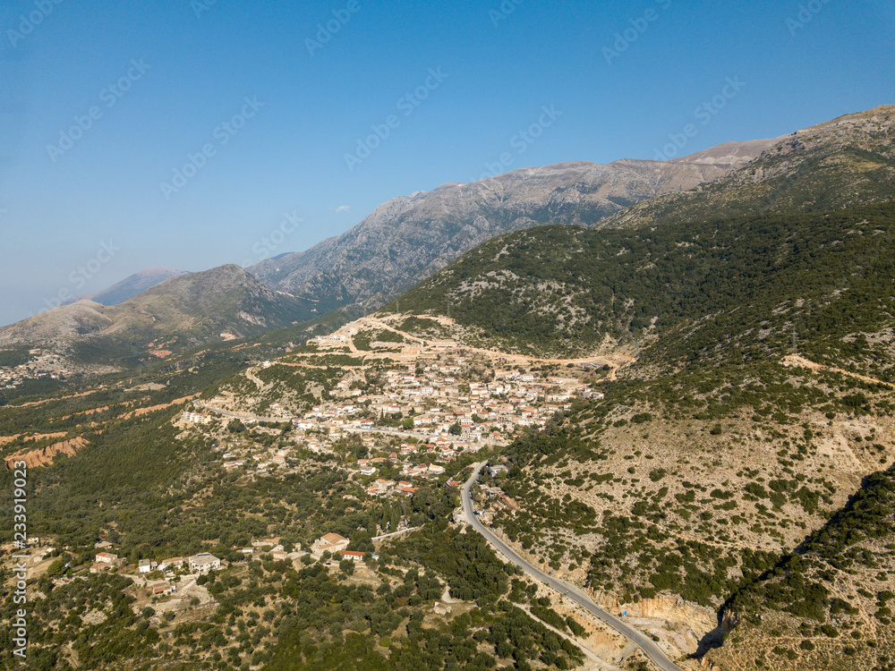 Aerial view of Vuno, Albania.  An Albanian village along the Albanian Riviera