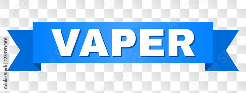 VAPER text on a ribbon. Designed with white title and blue tape. Vector banner with VAPER tag on a transparent background.
