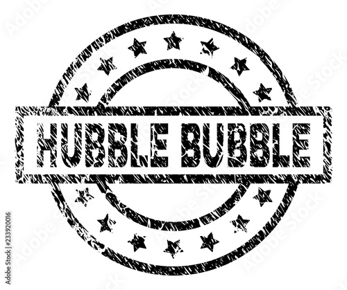 HUBBLE BUBBLE stamp seal watermark with distress style. Designed with rectangle, circles and stars. Black vector rubber print of HUBBLE BUBBLE text with corroded texture.