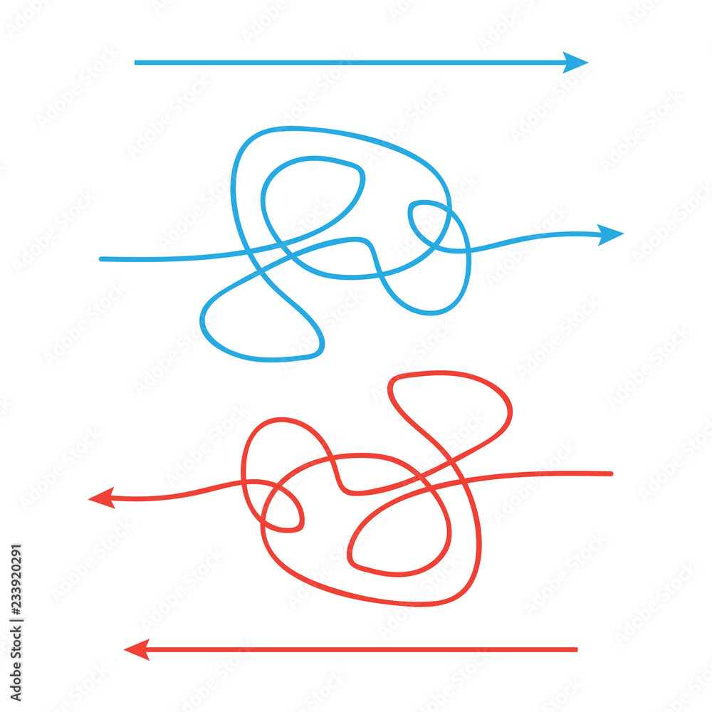 Simple and complicated paths arrow. Way from a to b. Simple and complicated paths arrow. Way from a to b.