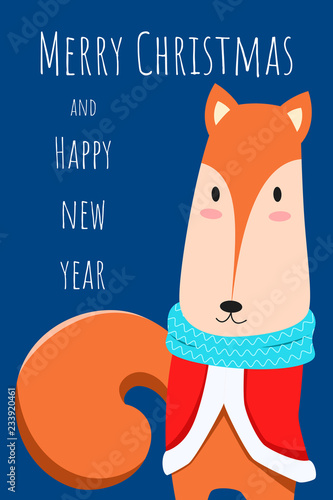 Christmas greeting card and cute Fox character. Merry Christmas and Happy New Year.