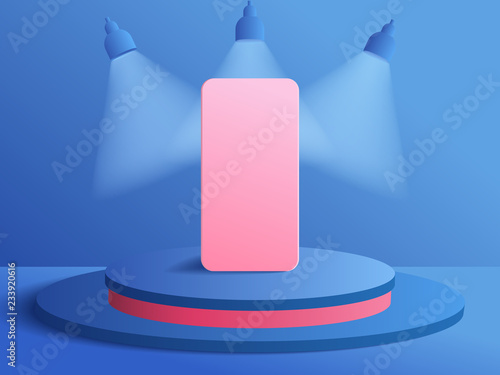 3D modern minimalist mockup. Smartphone on Podium for product presentation or showcase with spotlights on blue color background.