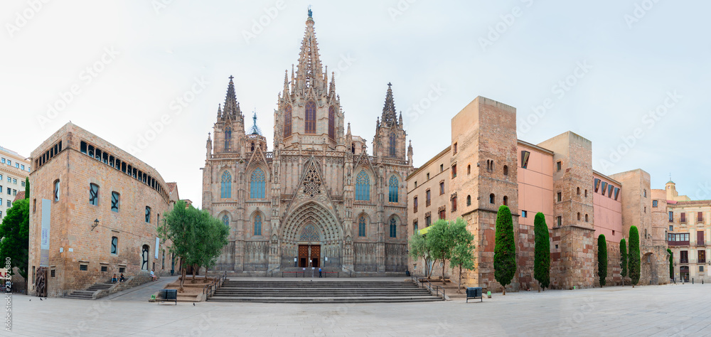 panorama of Square with cathedral church in Gotic quarter of Barcelona, Spain