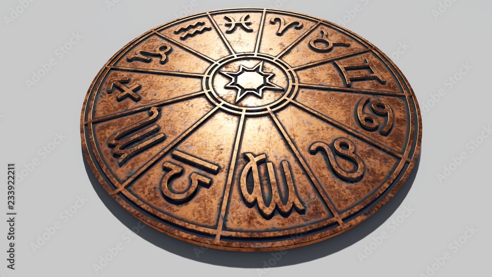 Astrological zodiac signs inside of copper horoscope circle