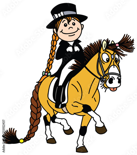 cartoon girl riding a pony horse. Funny equestrian dressage sport . Isolated vector illustration 